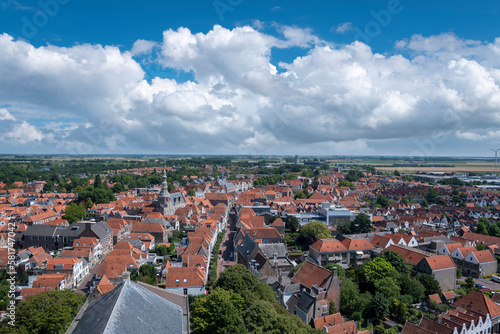 Stadtansicht vom Sint Lievensmonstertoren in Zierikzee. Provinz Zeeland in den Niederlanden