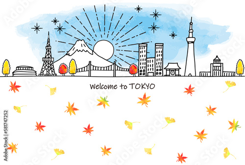 手書きの東京の秋の観光地の街並みスカイラインと紅葉