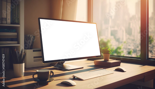 Close up view of mock up desktop computer with stationery on wooden table with sunset lighting. Generative AI