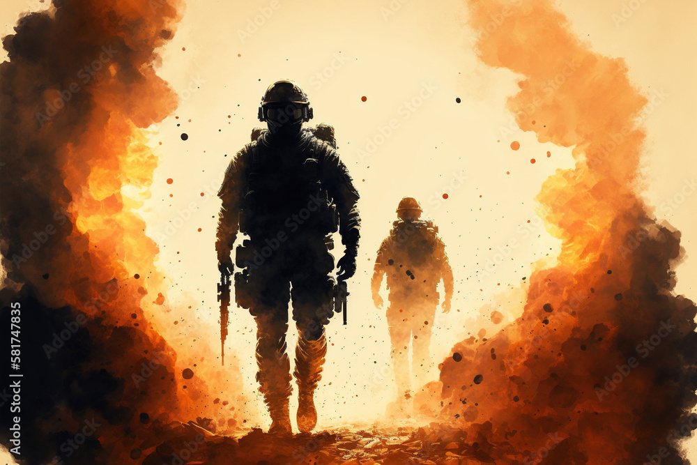 Soldiers with fire and smoke on background. War concept. AI 