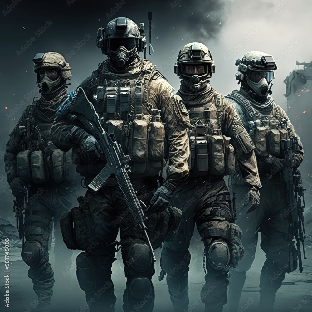 Special Forces Military Unit in Full Tactical Gear, Wartime