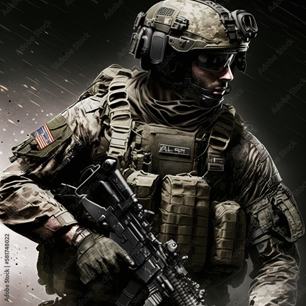 Special Forces Military Unit in Full Tactical Gear, Wartime, Battlefield. Illustration Graphic