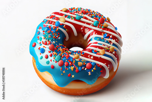 Decorated tasty donut with waving american flag. Generative Ai