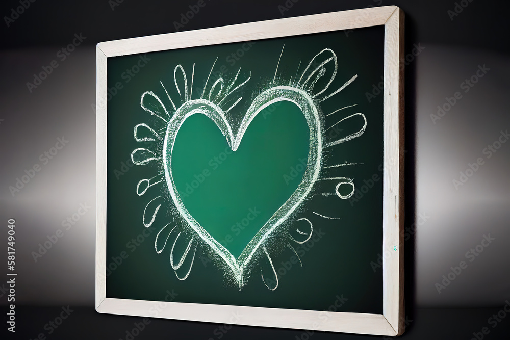 Doodle freehand white chalk drawing on green chalkboard with heart. Generative Ai