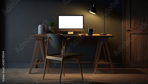 Dark modern workspace with mock up desktop computer on wooden table with lamp and stylish decoration. Generative AI