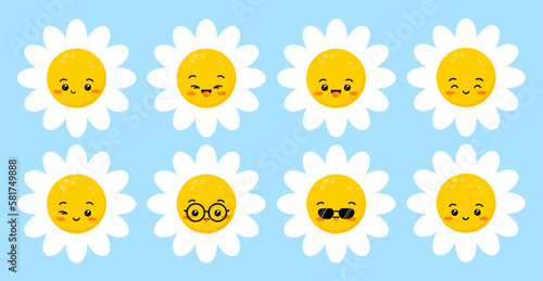 Daisy flower smile face happy cute character set. Chamomile fun emoji plant icon vector illustration. Kids camomile emoticon collection.