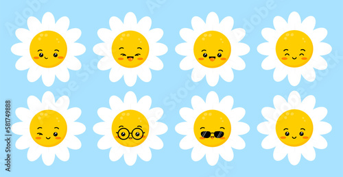 Daisy flower smile face happy cute character set. Chamomile fun emoji plant icon vector  illustration. Kids camomile emoticon collection.