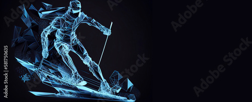 Female skier riding the slope at the hight speed in mountain, Generative AI