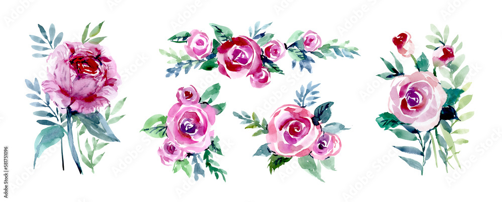 Roses, rosebuds. A set of watercolor flowers on a white background. Flower arrangements for the design of postcards, invitations, banners, labels Roses, rosebuds. A set of watercolor flowers on a white background. Flower arrangements for the design of postcards, invitations, banners, labels
