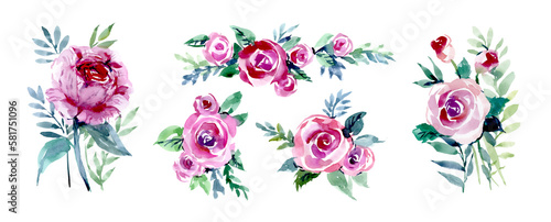 Roses  rosebuds. A set of watercolor flowers on a white background. Flower arrangements for the design of postcards  invitations  banners  labels