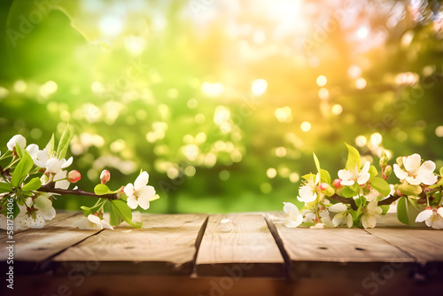 Blossoms on Wooden Table in Green Garden with Dreamy Defocused Bokeh Lights and Flare Effect Photography © Gabriela