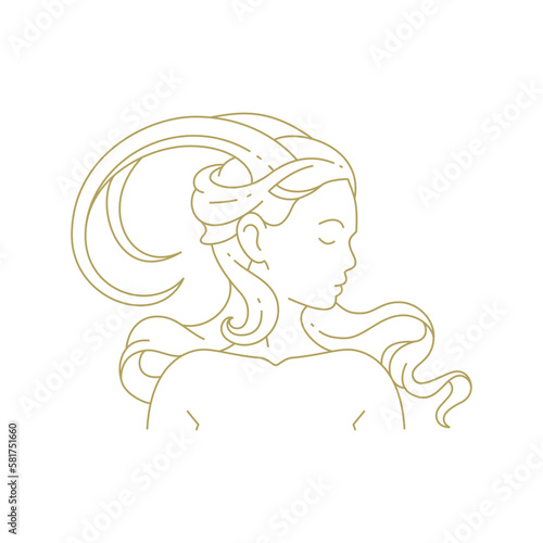 Romantic horned woman antique goddess waving hair portrait line art deco vintage logo vector