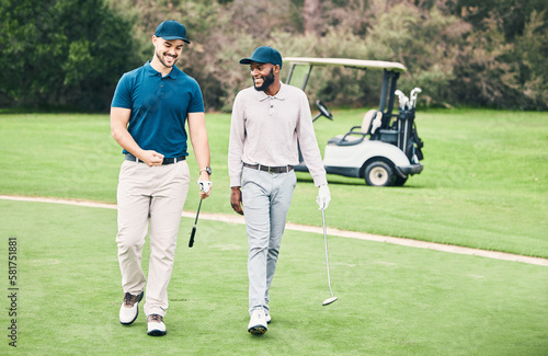 Friends, sports and men on golf course walking, talking and smiling on green grass at game. Health, fitness and friendship, black man and happy golfer with smile, a walk in nature on weekend together