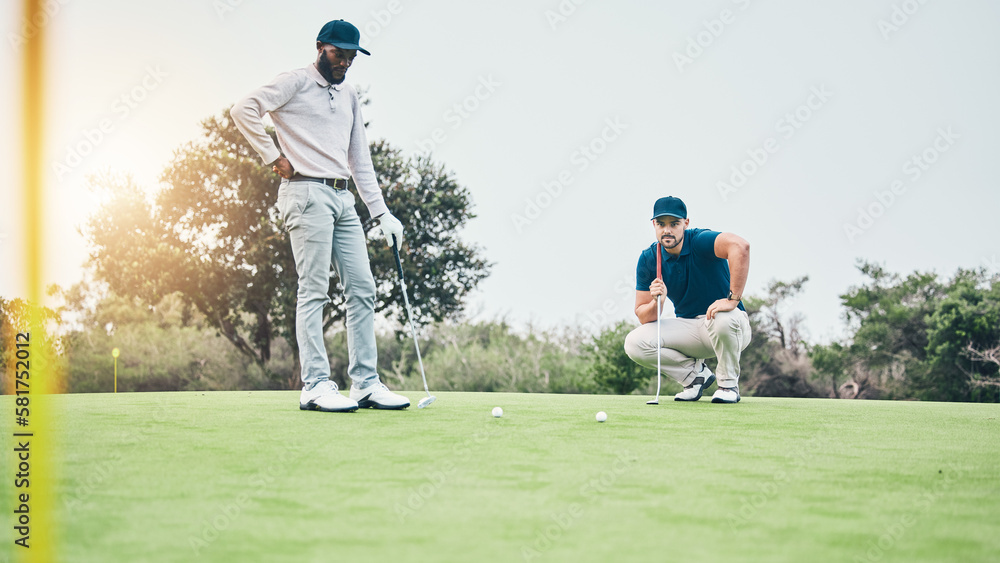 Obraz premium Sports, golf and friends with men on field for relax, hobby and competition match. Thinking, planning and health with males playing together in club for free time, practice and focus on shot