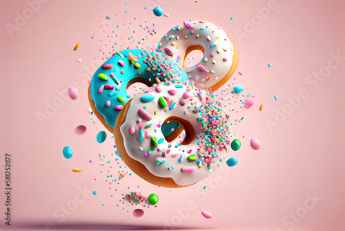 Doughnuts with glaze flying over pink background. Generative Ai