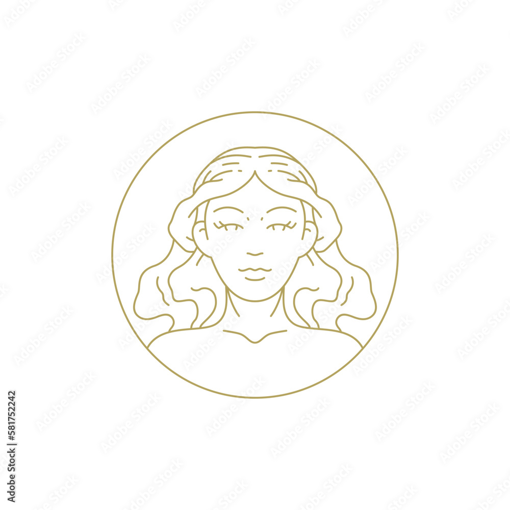 Elegant beauty fashion woman portrait circle frame cosmetic line art deco vintage logo vector