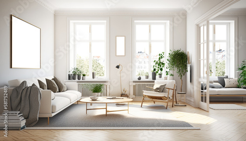 Cozy living room interior, Scandinavian style, wooden furniture and elegant home accessories. Generative AI © Natee Meepian