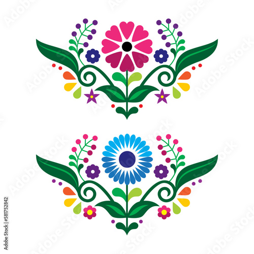 Mexican traditional folk art style vector floral two design set, colorful pattern inspired by embroidery from Mexico
 