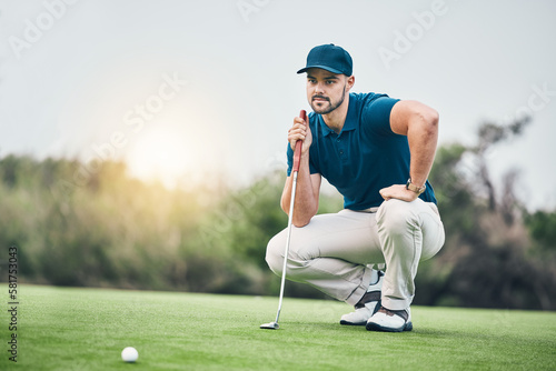Картината върху платно Planning, sports and golf with man on field for training, competition match and thinking
