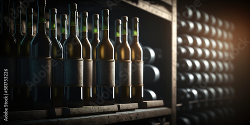 Close-up with wine bottles on traditional rustic wooden shelf