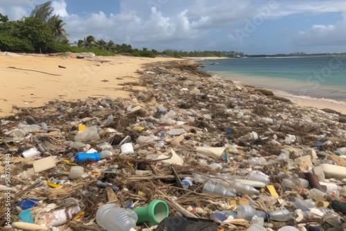 Beach pollution. Plastic bottles and other trash on the beach. Generative AI.