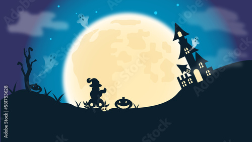 Halloween picture with ghosts and pumpkin, scary cute background, castles, bones, Dracula, spirit