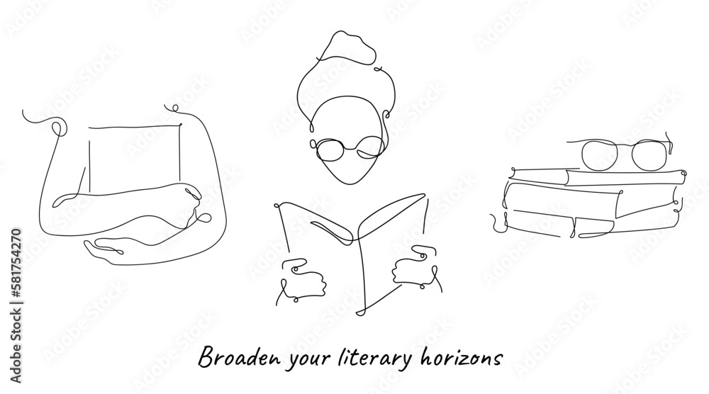 Girl reading a book. Broaden your literary horizons poster. One line style, outline. Vector