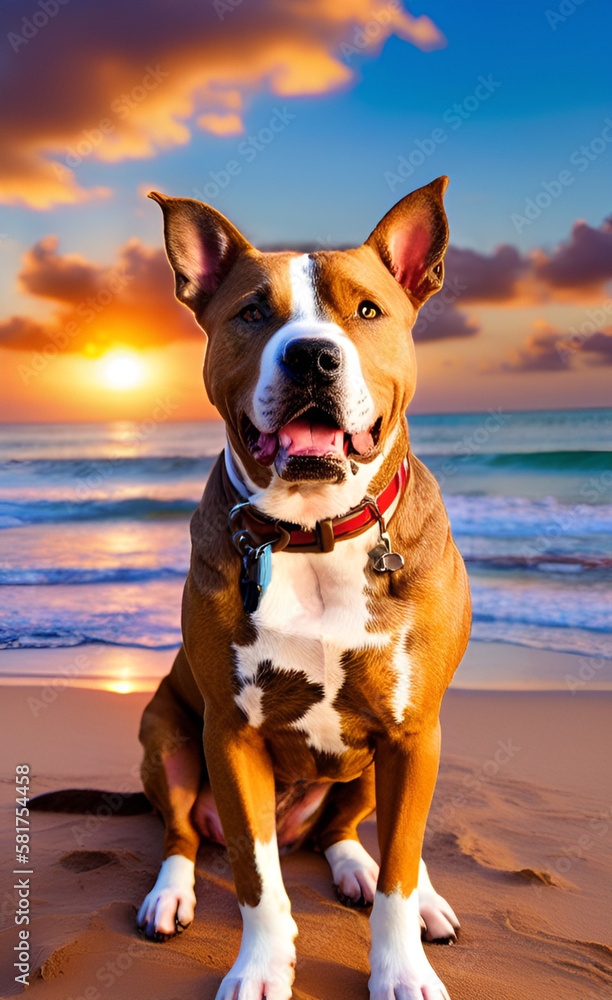 pretty pitbull dog in a sunset on the beach