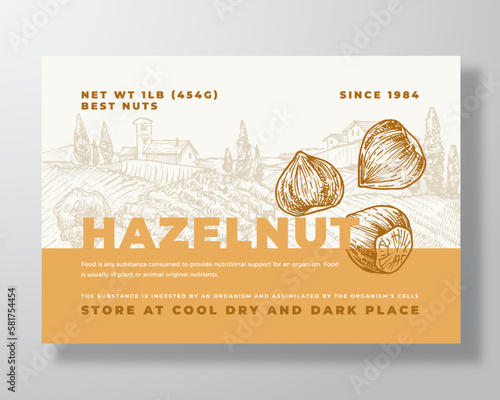 Fresh Local Hazelnut Food Label Template. Abstract Vector Packaging Design Layout. Modern Typography Banner with Hand Drawn Nuts and Rural Landscape Background Isolated
