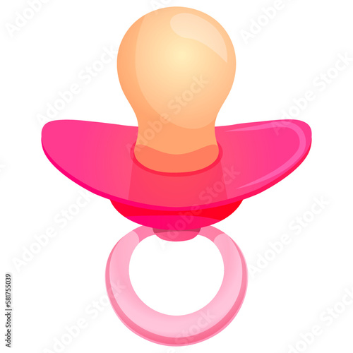 Newborn baby girl pink pacifier cartoon vector illustration. Pink soother, baby items. 