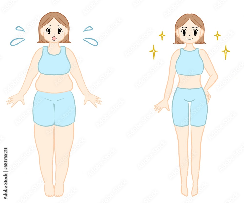 This illustration is an image of a fat woman and a skinny woman side by side. This illustration is an image of a fat woman and a skinny woman side by side.