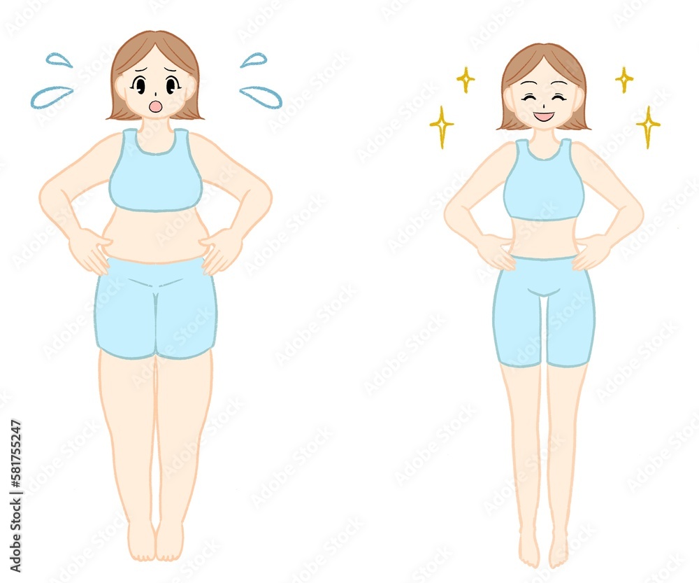 This illustration is an image of a fat woman and a skinny woman side by side. This illustration is an image of a fat woman and a skinny woman side by side.