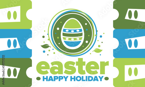 Happy Easter in April. Christian spring holiday in honor of the resurrection of Christ. Biblical history. Traditional dyeing eggs with patterns, fun game for children searching for easter eggs. Vector