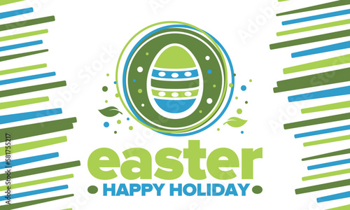 Happy Easter in April. Christian spring holiday in honor of the resurrection of Christ. Biblical history. Traditional dyeing eggs with patterns, fun game for children searching for easter eggs. Vector