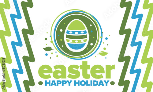 Happy Easter in April. Christian spring holiday in honor of the resurrection of Christ. Biblical history. Traditional dyeing eggs with patterns, fun game for children searching for easter eggs. Vector