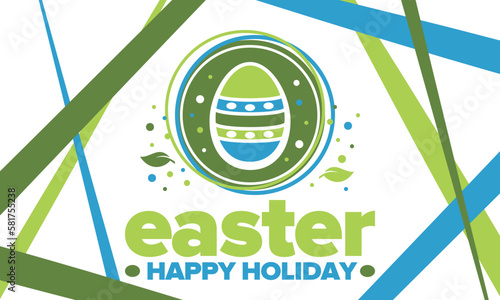 Happy Easter in April. Christian spring holiday in honor of the resurrection of Christ. Biblical history. Traditional dyeing eggs with patterns, fun game for children searching for easter eggs. Vector