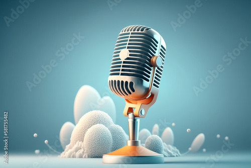 microphone, background for podcast commercial use, sound frequencies, microphone on the side, light colors, copy space, Generative IA
