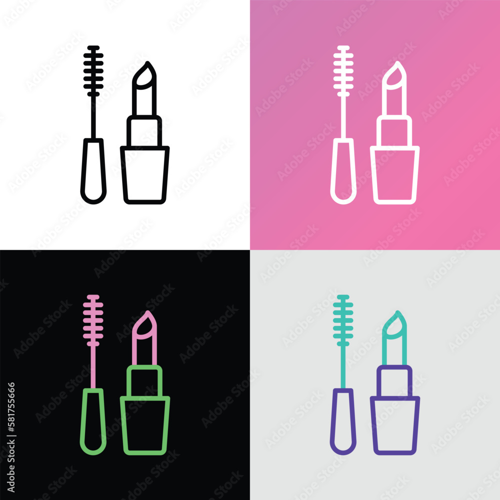 Fototapeta premium Makeup thin line icon: mascara and lipstick. Logo for makeup artist. Modern vector illustration.