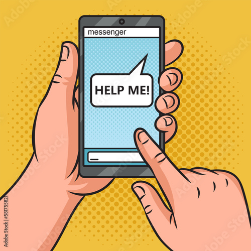 Help me message in phone messenger pinup pop art retro vector illustration. Comic book style imitation.