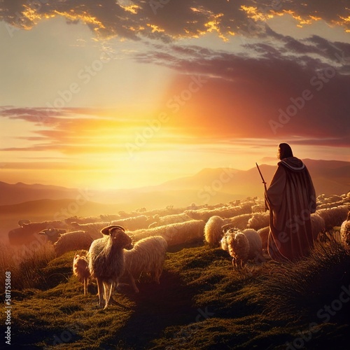 Biblical illustration of Jesus as a shepherd., Generative AI