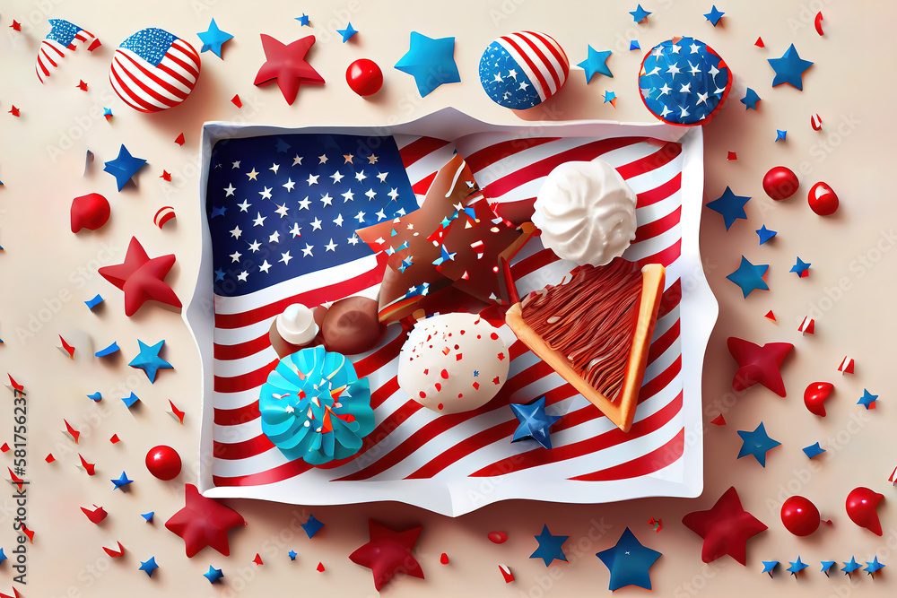 Obraz premium Flat lay of american independence day attributes. Generative Ai