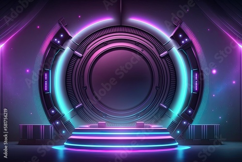 futuristic neon stage gradient in science fiction Dynamic Laser Beams Shiny, glossy, purple, blue, and red metal circle Clean modern spaceship stage mesh Digital Background. Generative AI