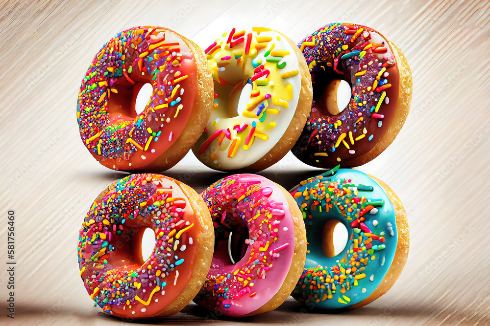 Many colorful frosted cake donuts with candy sprinkles stacked in rows laying on wood table isolated on white background. Generative Ai Many colorful frosted cake donuts with candy sprinkles stacked in rows laying on wood table isolated on white background. Generative Ai