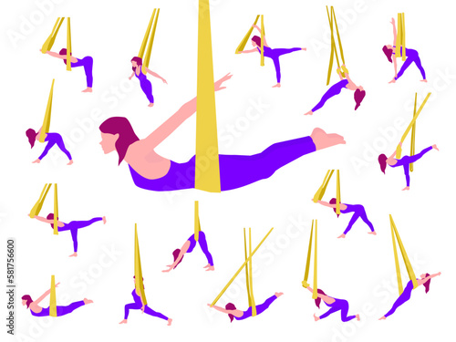 Vector illustration of aerial yoga positions. Aerial yoga asana.