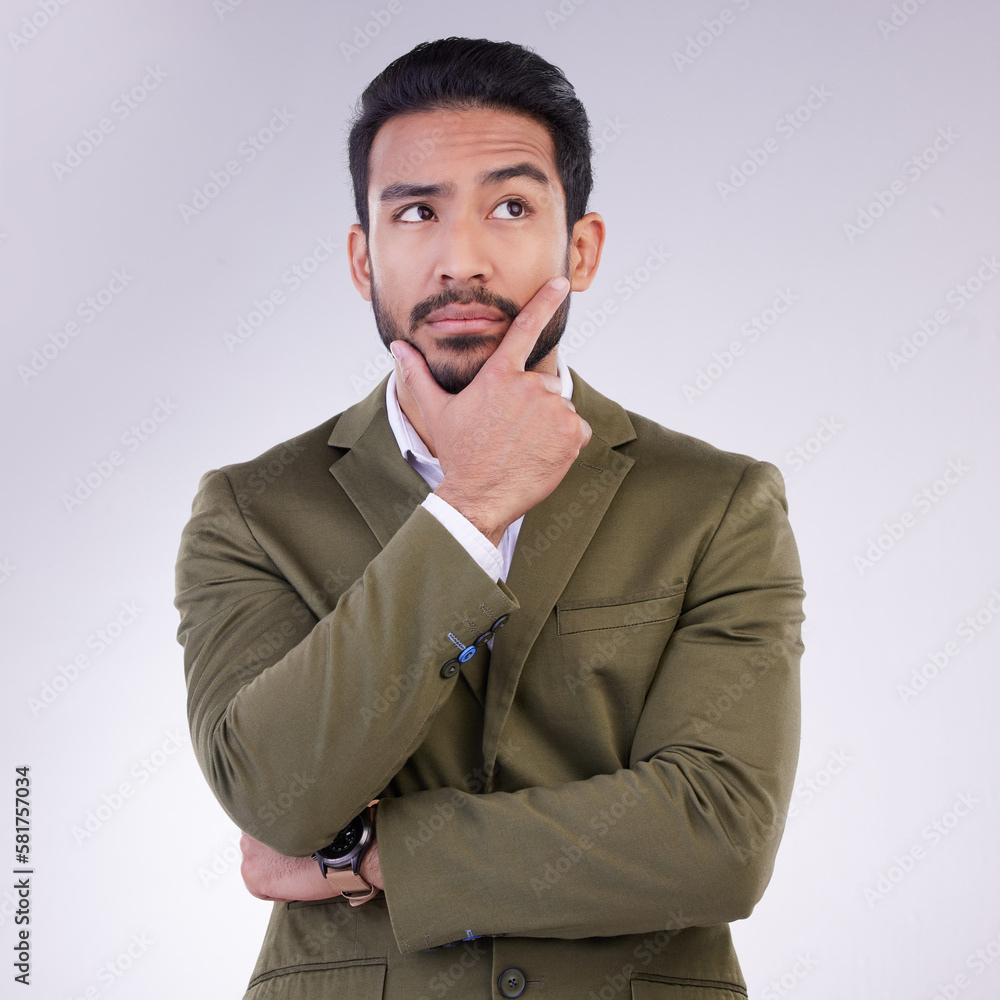 Business man, hand on face and thinking in studio with ideas or strategy on a gray background. Serious asian male entrepreneur think while confused, doubt or contemplating question on mockup space Business man, hand on face and thinking in studio with ideas or strategy on a gray background. Serious asian male entrepreneur think while confused, doubt or contemplating question on mockup space