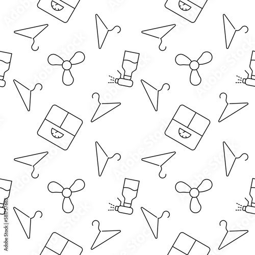 Seamless vector repeating pattern of coat hanger, spray is made of line icons for polygraphy and websites