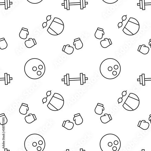 Monochrome vector seamless pattern of dumbbell, swim cap, gloves for boxing, bowling for web sites and polygraphy
