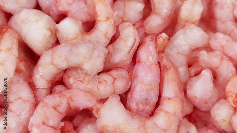 Pink fresh frozen shrimps with ice circle rotation. Uncooked seafood close up background. Frozen prawns, delicacies, sea food Pink fresh frozen shrimps with ice circle rotation. Uncooked seafood close up background. Frozen prawns, delicacies, sea food