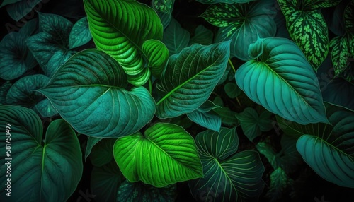 Natural green leaves of plants in a garden during the summertime, creating a vibrant and refreshing spring background. Generative AI.
