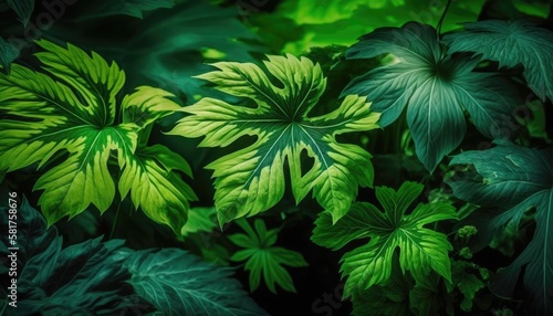Natural green leaves of plants in a garden during the summertime  creating a vibrant and refreshing spring background. Generative AI.